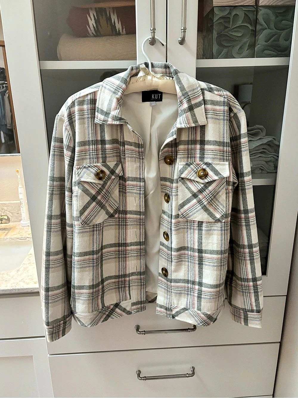 KUT Plaid Utility Jacket in Beige & Green Like New
